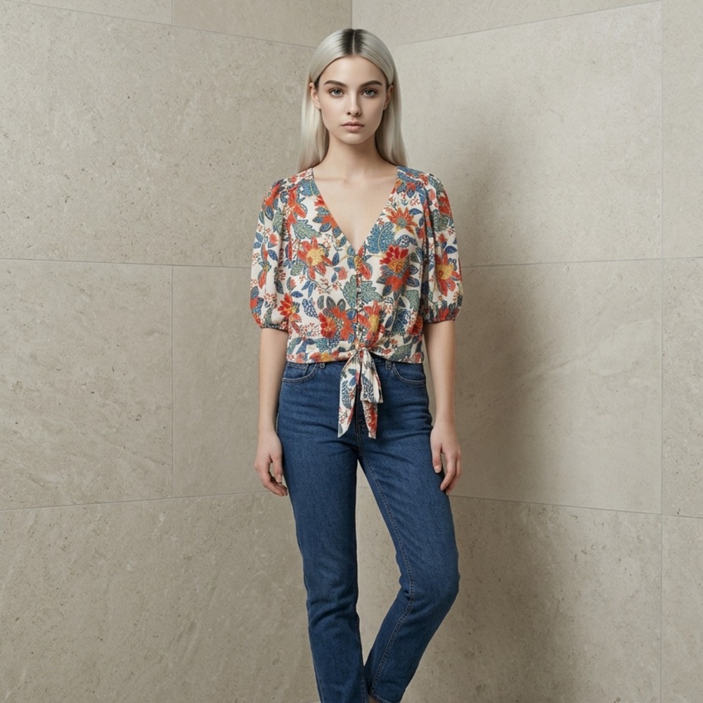 Rose & Olive Anthropologie Floral Tie-Front Puff fabric buttons crop top blouse